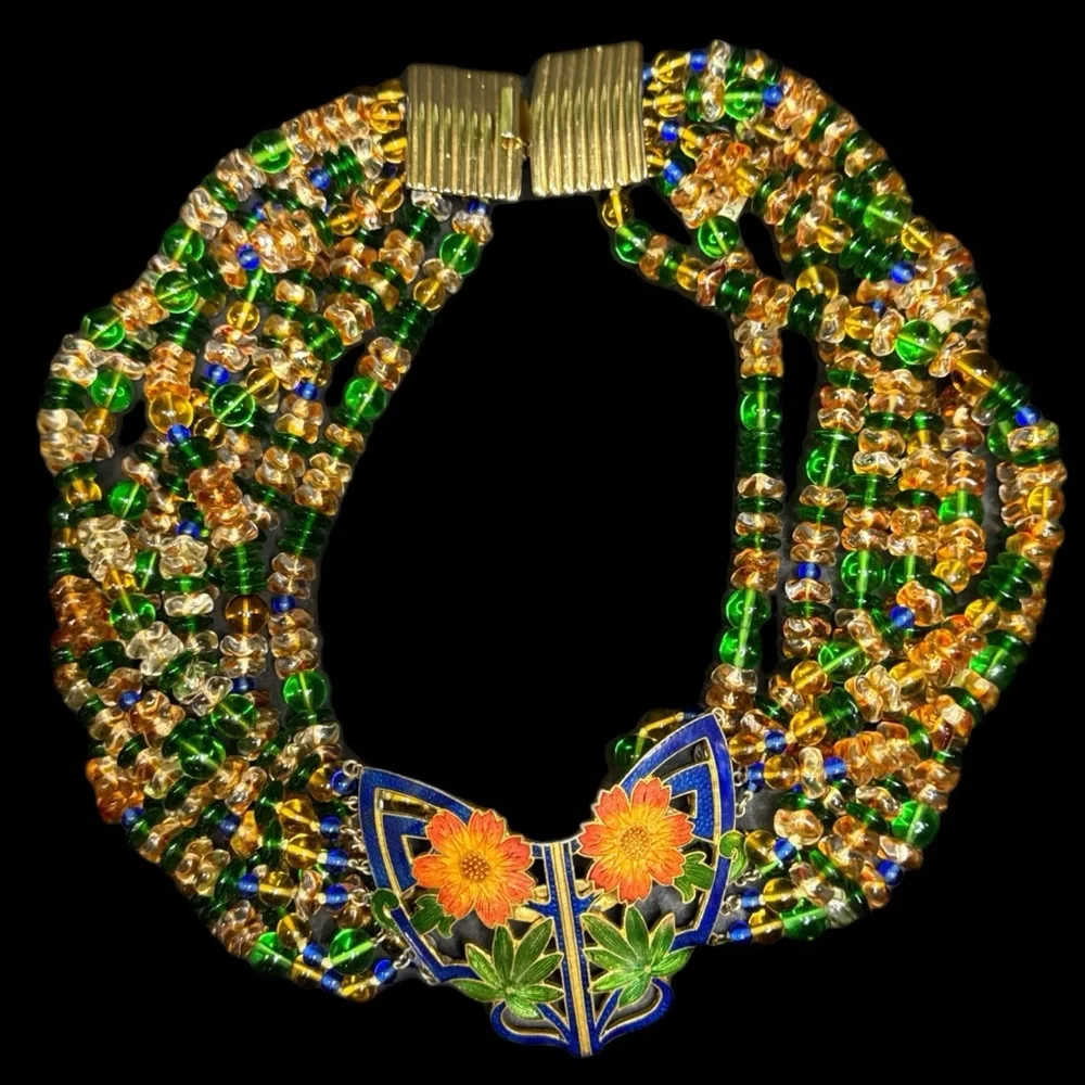 Vintage Glass Beaded Cloisonné Pendant Necklace